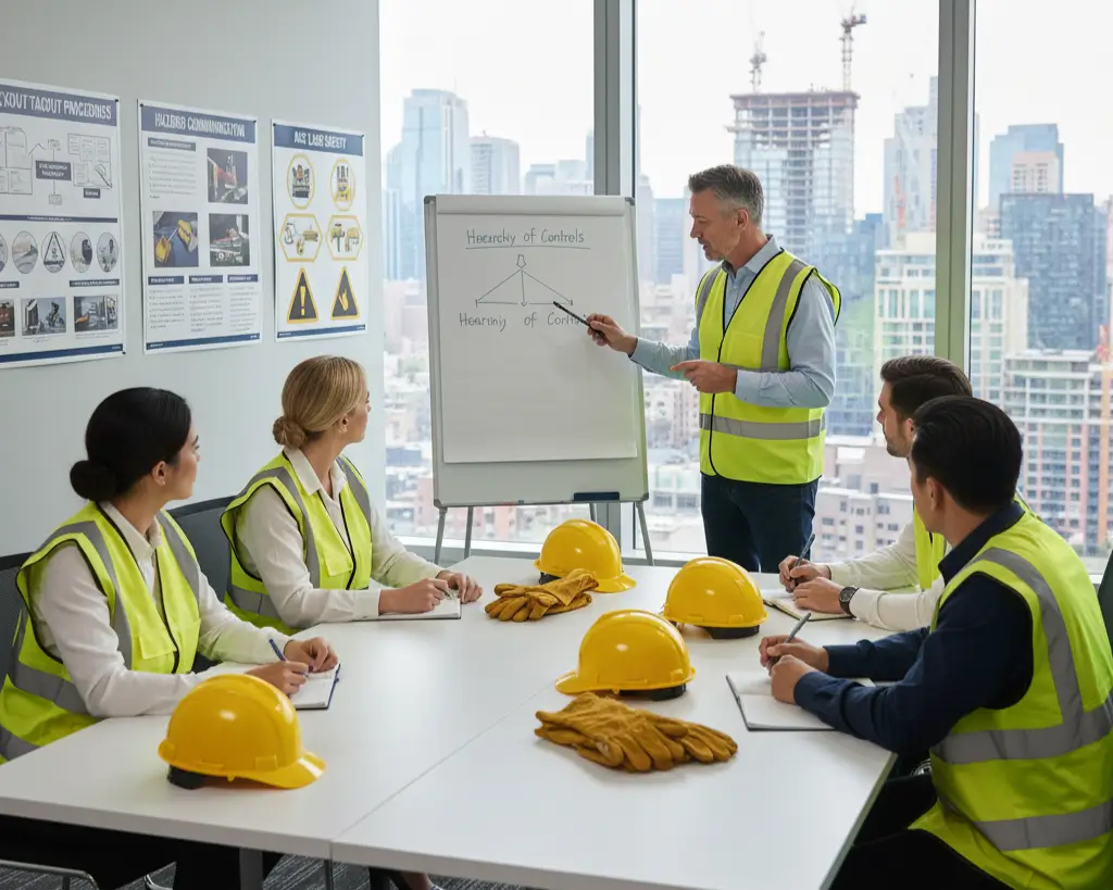 Employees attending a workplace safety meeting discussing safety topics