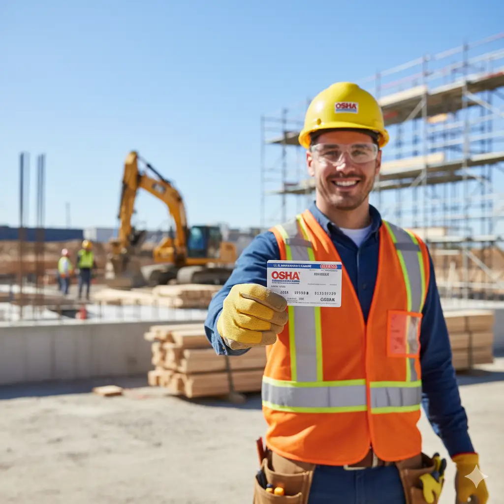 A construction worker wearing PPE holds their U.S. Department of Labor card on a worksite to show proof of OSHA training.