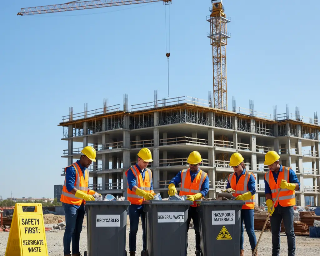 Workers at a construction site safely disposing and sorting construction waste
