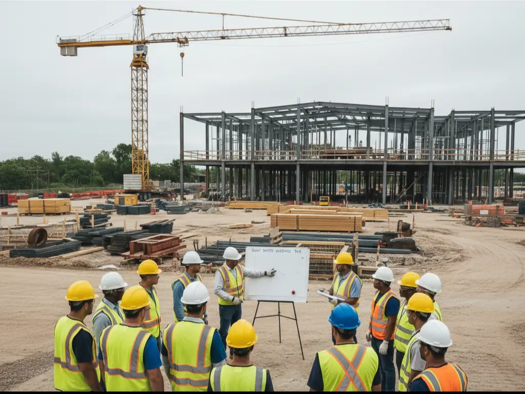 Construction workers attending a toolbox talk safety meeting.
