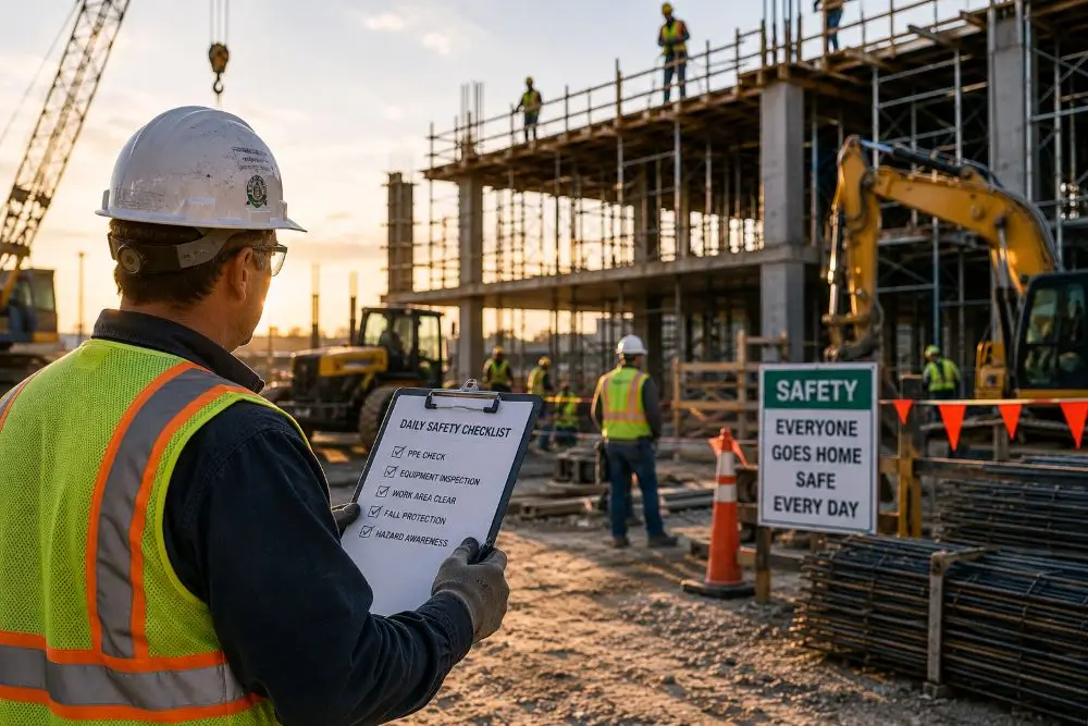 Construction supervisor reviewing a daily safety checklist on an active jobsite