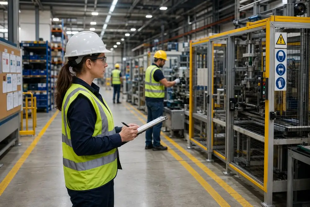 Safety professional conducting a workplace inspection to prevent OSHA violations in a manufacturing facility