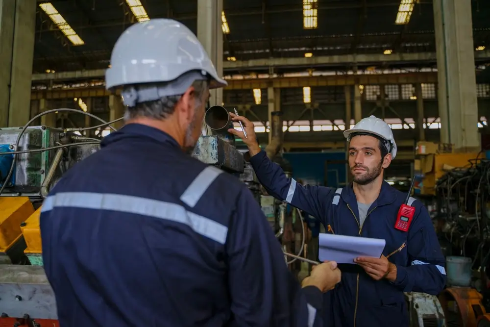 Safety inspectors reviewing workplace compliance with PPE and checklist
