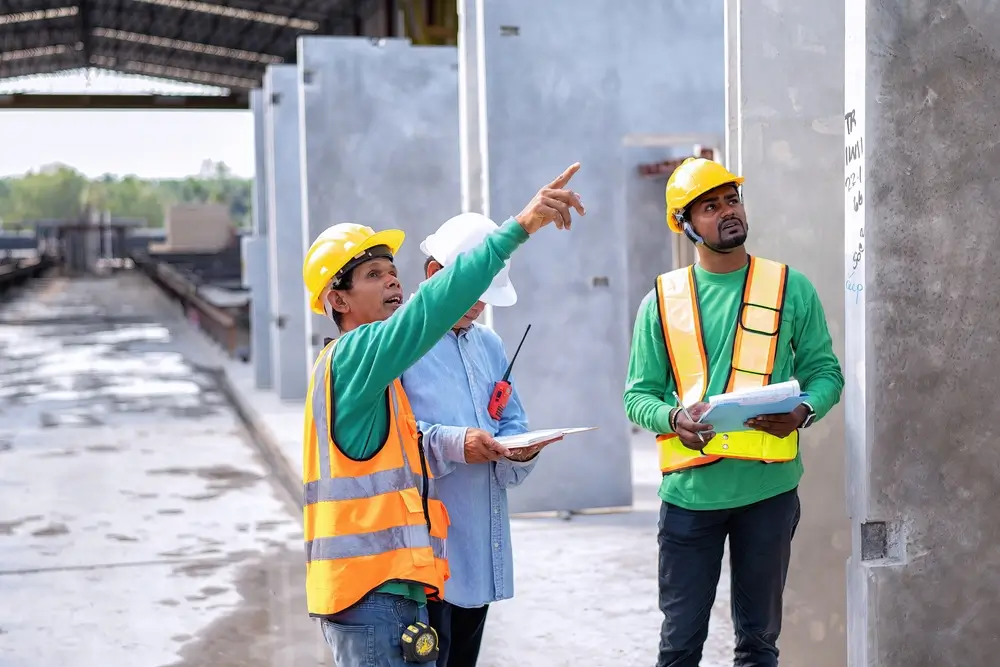 Construction site supervisor reviewing plans with workers on a safe jobsite