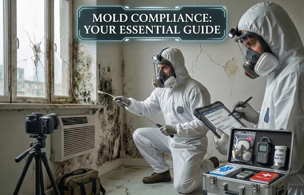 Inspector examining workplace mold to assess OSHA compliance and employer responsibilities