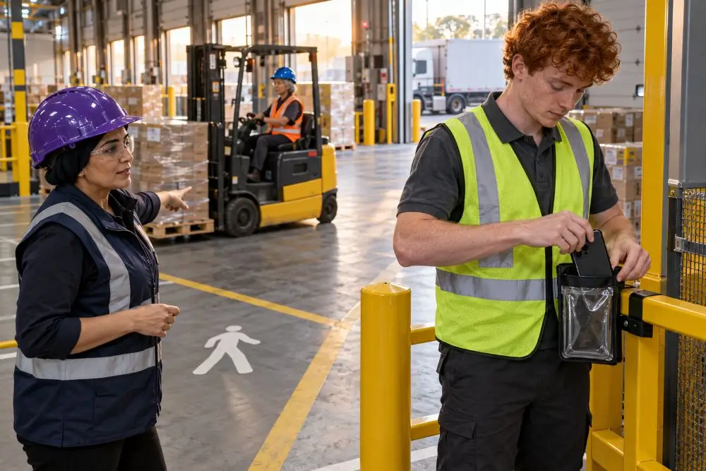 Warehouse employee safely storing his cell phone before entering an active forklift area