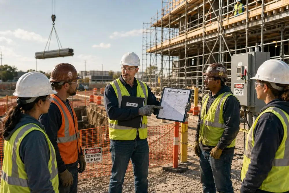 Construction supervisor connecting OSHA 30 training with a site-specific job hazard analysis